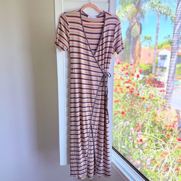 All in Favor Ribbed Wrap Dress in Multicolor Stripes - Picture 3 of 14
